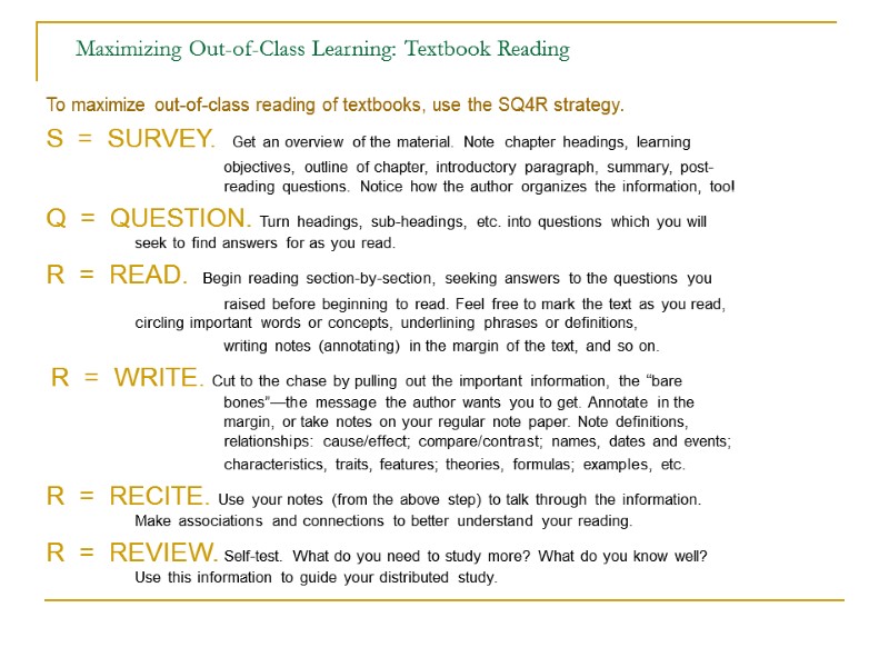 Maximizing Out-of-Class Learning: Textbook Reading To maximize out-of-class reading of textbooks, use the SQ4R